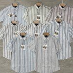 black letter half sleeve cotton linen stripes shirt