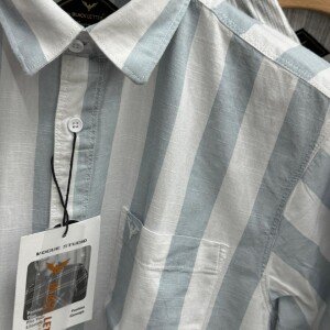 black letter half sleeve cotton linen stripes shirt