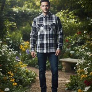 logoff cotton indigo double pocket checks shirt